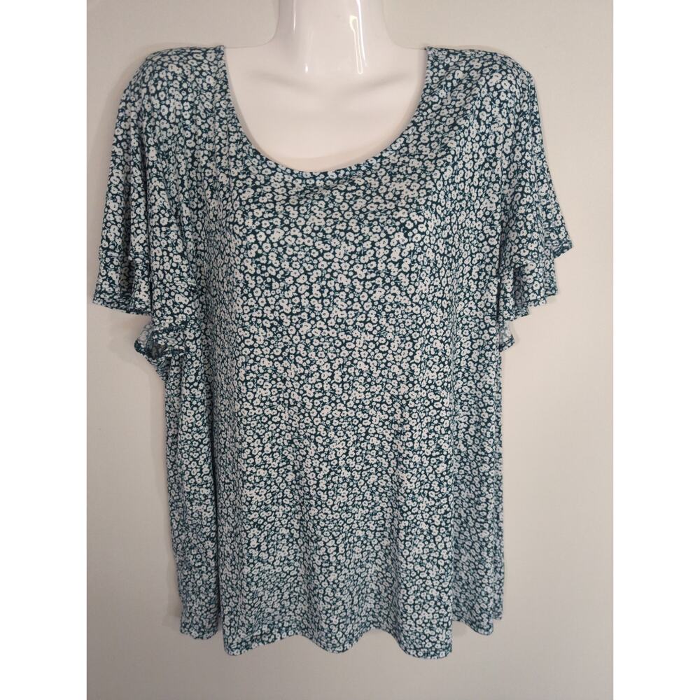 Adrianna Papell Double Flutter Sleeve Top - Size 3X - Green & White Floral Tee